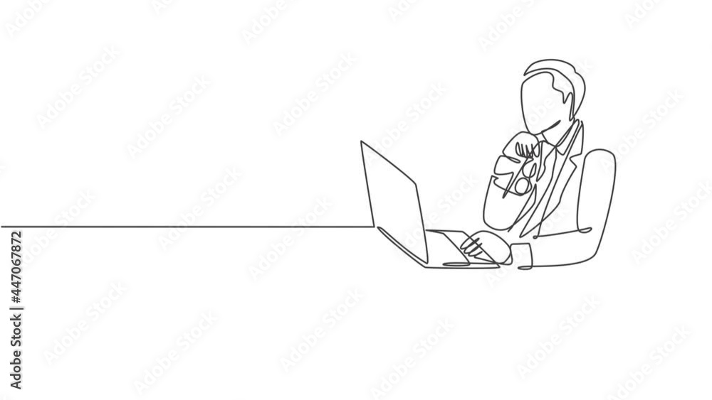 Aufkleber animated self drawing of one continuous line draw manager focus thinking and holding his chin using 