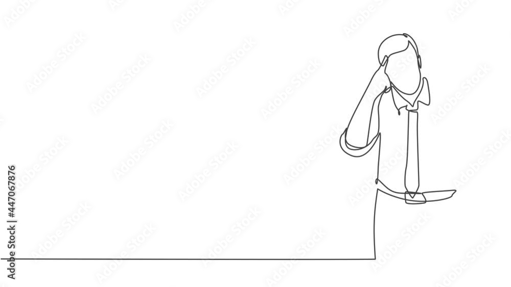 Aufkleber animated self drawing of one continuous line draw confused worker standing and thinking solution for