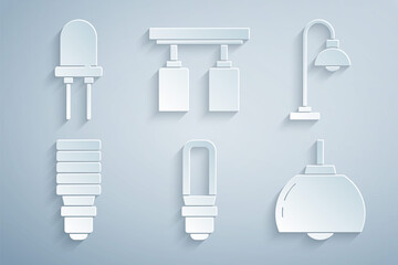 Set LED light bulb, Floor lamp, Chandelier, Led track lights lamps and Light emitting diode icon. Vector