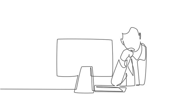 Animated self drawing of one continuous line draw tired male employee pensive seriously after staring reading sales data and work overload. Work overtime concept. Full length single line animation.