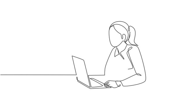 Self drawing animation of one single line draw female employee sitting in front of the laptop and thinking business solution at office. Business idea concept continuous line draw. Full length animated