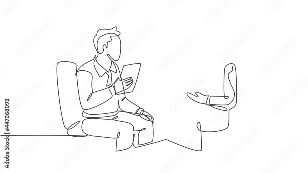 Aufkleber animated self drawing of one continuous line draw happy business men discussing about new project de