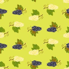 Ripe juicy blue and white grapes on light green background seamless pattern. Vector illustration. For fabric, wallpaper, gift wrapping, scrapbooking.