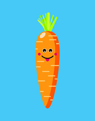 Happy Cute Carrot character  isolated on blue background Vector illustration.
Colorful cartoon carrot with smile and eyes. Vegan food, vegetables, healthy lifestyle concept.