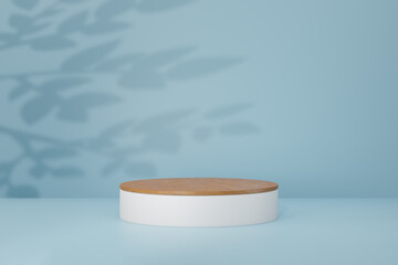 Pastel cylinder podium backdrop. Wood white round stage in light blue theme color. 3D illustration rendering image.