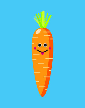 Happy Cute Carrot character  isolated on blue background Vector illustration.
Colorful cartoon carrot with smile and eyes. Vegan food, vegetables, healthy lifestyle concept.