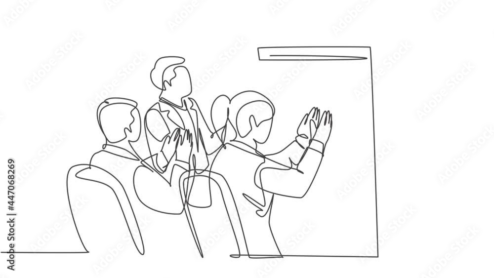 Poster self drawing animation of single continuous line draw startup founder presenting business proposal t