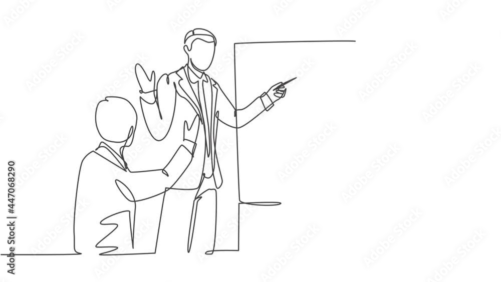 Poster self drawing animation of single continuous line draw senior manager giving presentation, instructio