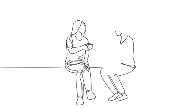 Self drawing animation of single continuous line draw two female worker have a casual chat over drink coffee during office break. Having small talk at work concept one line. Full length animated.