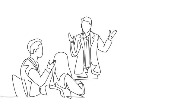 Self drawing animation of one single line draw businessman giving business coaching to class members at the office. Group training and meeting concept continuous line draw. Full length animated.