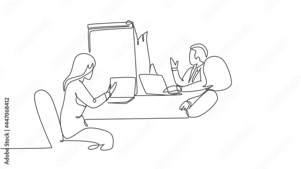 Poster animated self drawing of one continuous line draw happy instructor presenting marketing strategy at 