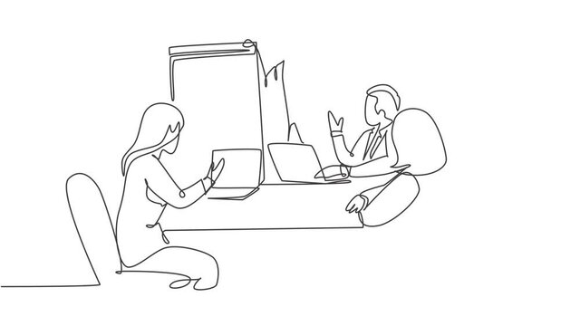 Animated self drawing of one continuous line draw happy instructor presenting marketing strategy at the office discussion. Sales improvement meeting concept. Full length single line animation.