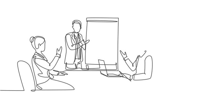 Self drawing animation of single line draw happy business instructor teaching interpersonal skill to the attendees during presentation. Business training concept one line draw. Full length animated.