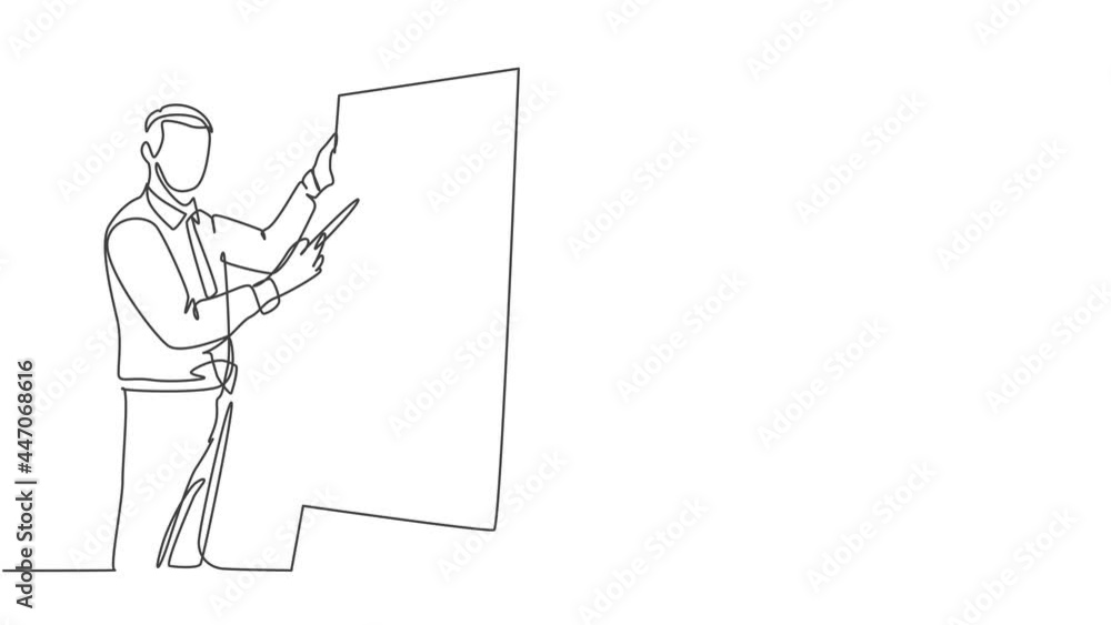 Poster animated self drawing of one continuous line draw manager writing business success formula on flip c