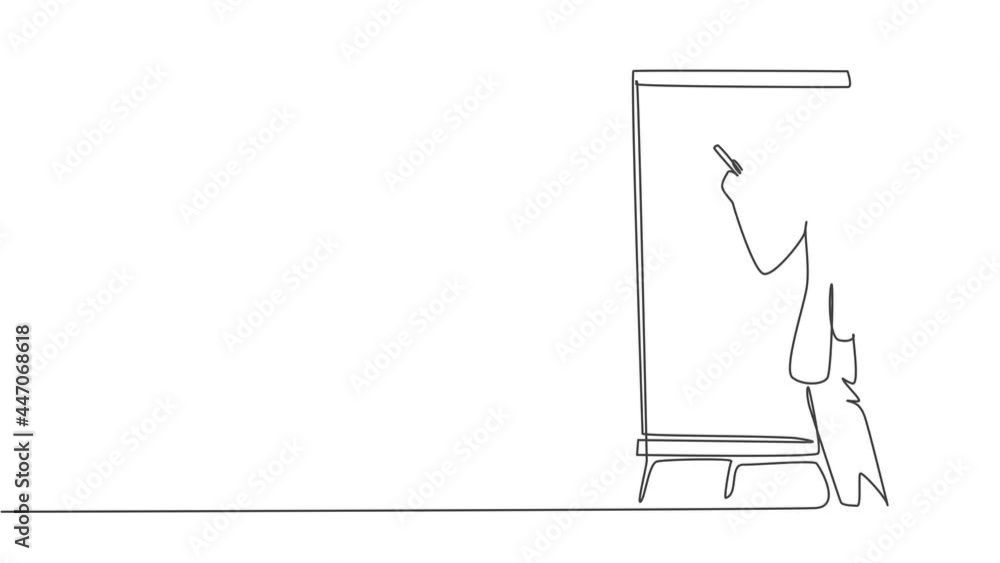 Poster self drawing animation of one single line draw female presenter thinking while doing presentation at