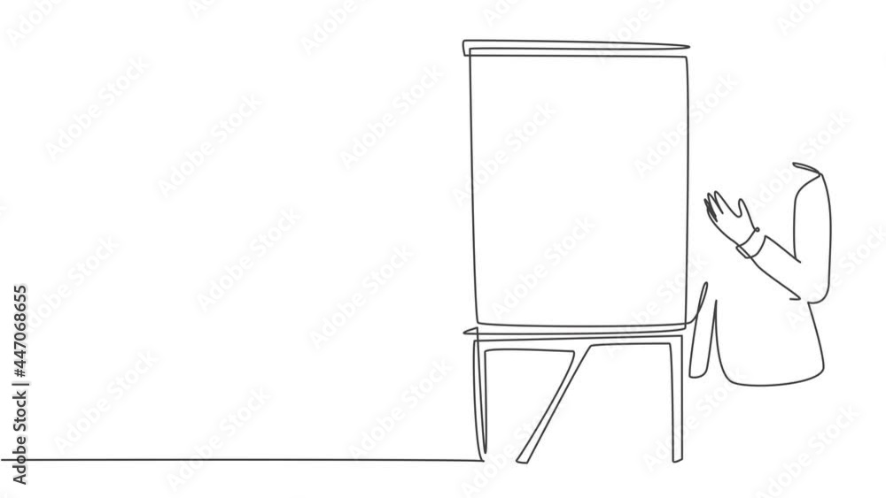 Poster self drawing animation of one single line draw manager holding a tablet during business presentation