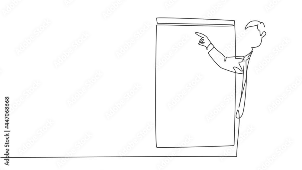 Poster self drawing animation of single continuous line draw business coach pointing finger to the screen b