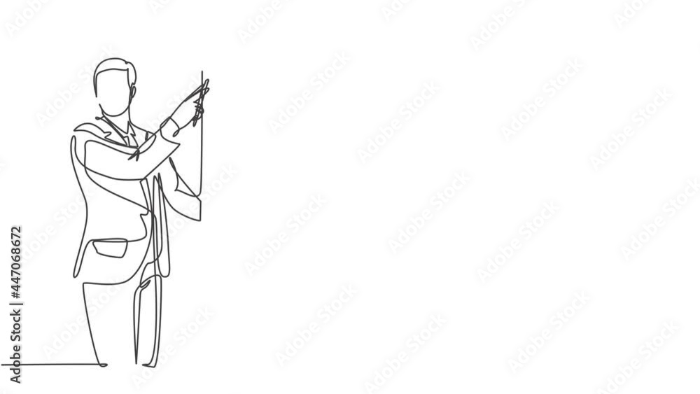 Poster self drawing animation of one single line draw happy startup founder presenting business proposal to