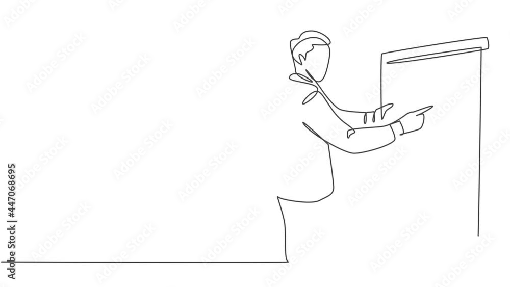 Poster self drawing animation of single line draw sales manager pointing a finger to infographic on screen 