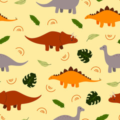 Cute dinosaurs seamless pattern. Design sketch element for textile, prints for clothes. Vector illustration.