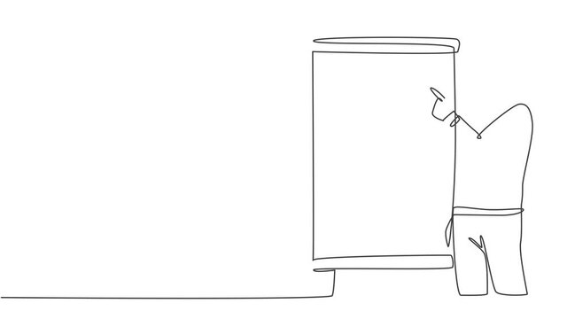 Animated self drawing of continuous line draw young startup founder presenting new technology innovation in their apps to the investor. Business investment concept. Full length single line animation.
