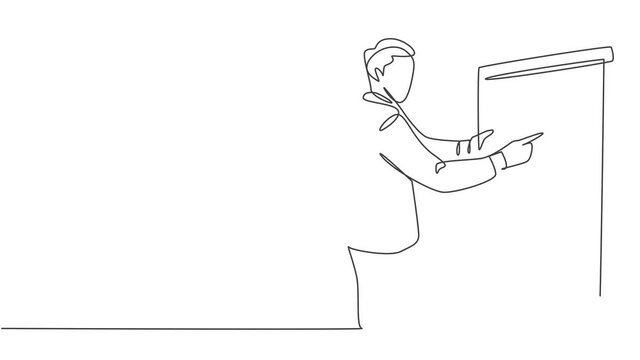 Self drawing animation of single line draw sales manager pointing a finger to infographic on screen board during meeting. Work presentation at office concept one line draw. Full length animated.