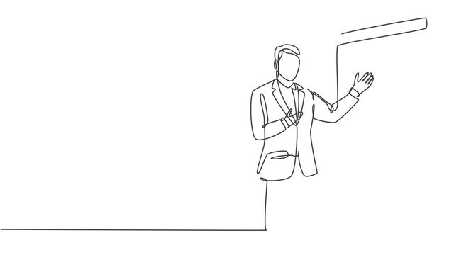Self drawing animation of single line draw presenter present product technology innovation to his colleagues at office. Work strategic planing presentation concept one line draw. Full length animated.