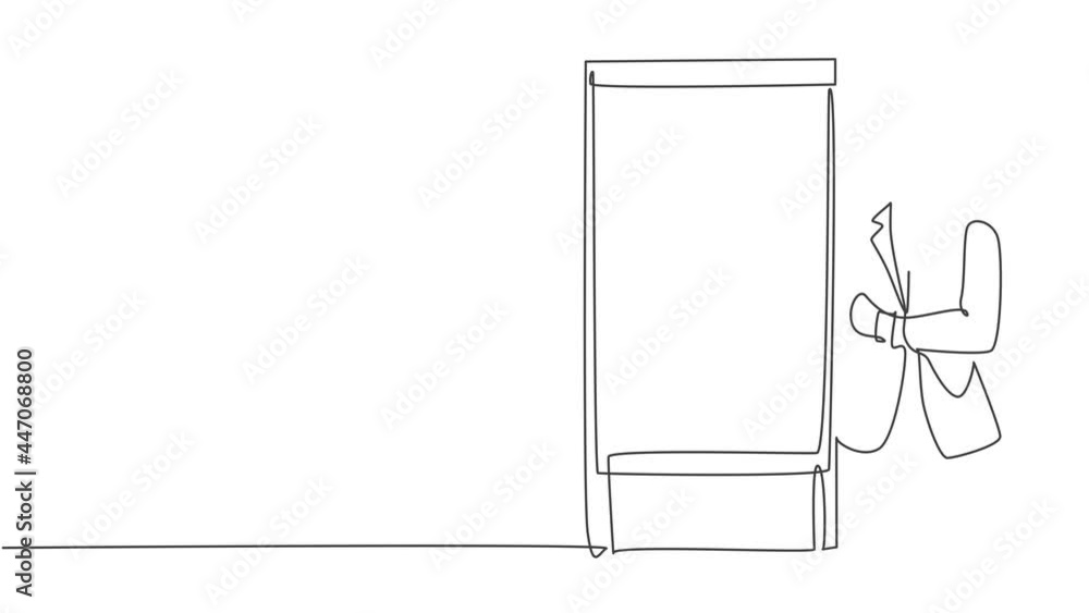 Poster animated self drawing of one continuous line draw presenter watching mess data graph on screen and t