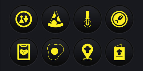 Set Restaurant cafe menu, Served fish on plate, Scrambled eggs, Chef hat with location, Pizza knife, Slice of pizza, Cookbook and Toilet icon. Vector