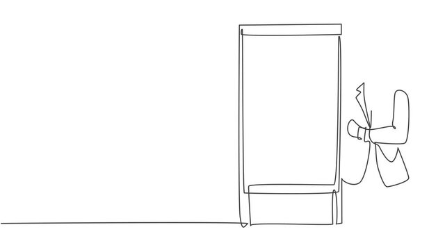 Animated self drawing of one continuous line draw presenter watching mess data graph on screen and thinking how to solve the problem. Workshop presentation concept. Full length single line animation.