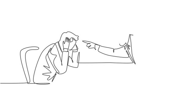 Self drawing animation of single line draw furious manager pointing finger to his frustrated staff and blaming the staff about bad work performance concept. Continuous line draw. Full length animated.