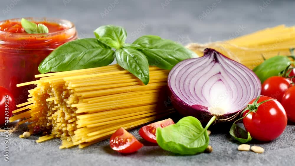 Canvas Prints raw spaghetti with tomato sauce and basil