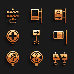 Set Traffic sign turn right, Road traffic, ublic transport board, Slippery road, Hospital, Parking and barrier icon. Vector