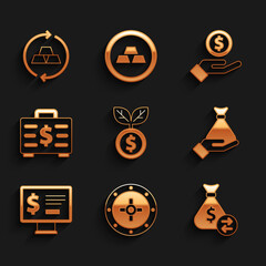 Set Dollar plant, Safe, Money bag, in hand, Monitor with dollar, Briefcase money, Hand giving and Gold bars icon. Vector