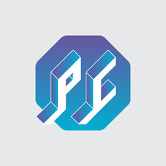 Three-dimension letters P and C on a hexagonal substrate. Isometric 3d font for design. PC - monogram or logotype. Volume alphabet.