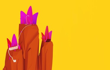 3D illustration of a rock cliff in the shape of a pillar, with additional objects in the form of a charger such as a snake looking for a cellphone to charge it and an illustration like a cartoon