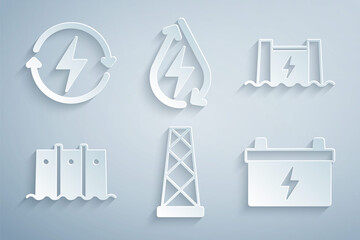 Set Antenna, Hydroelectric dam, Car battery, Water energy and Recharging icon. Vector