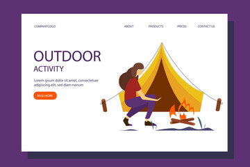 Woman warming her hands by the fire. The concept of an active lifestyle, Hiking, outdoor recreation. Cute summer illustration in flat style.