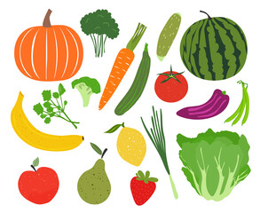 Fruits and vegetables collection. Cartoon vector illustration isolated on white background.