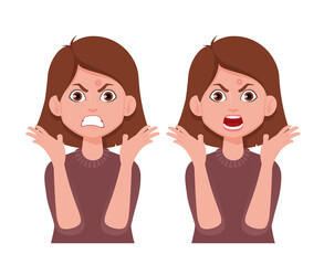 Girl finds a pimple. Angry girl with acne. Vector illustration