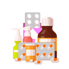Medicine vector concept. Includes medical bottles and sprays with drugs and pills in blisters. Isolated on white background