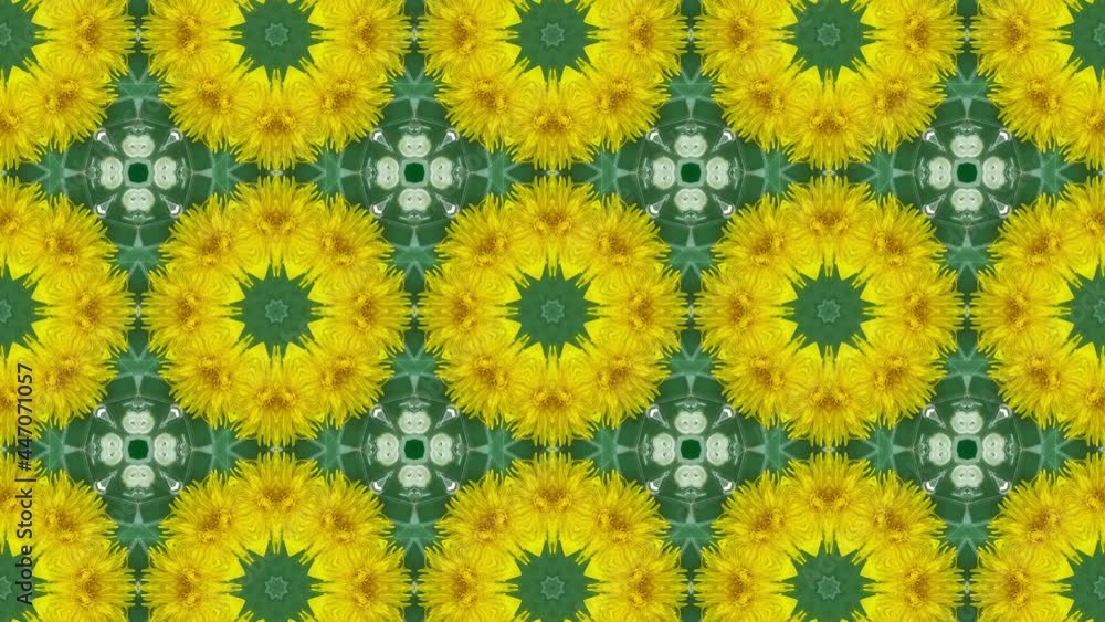 Poster green background with yellow floral elements in abstract mosaic. motion graphic pattern with a botan
