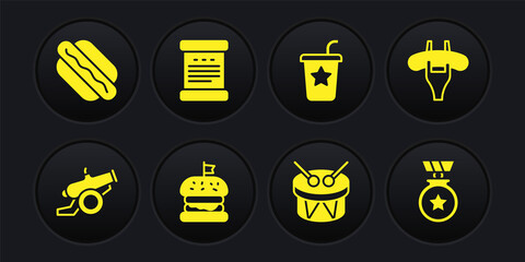 Set Cannon, Sausage the fork, Burger, Drum and drum sticks, Paper glass with straw, Declaration of independence, Medal star and Hotdog sandwich icon. Vector