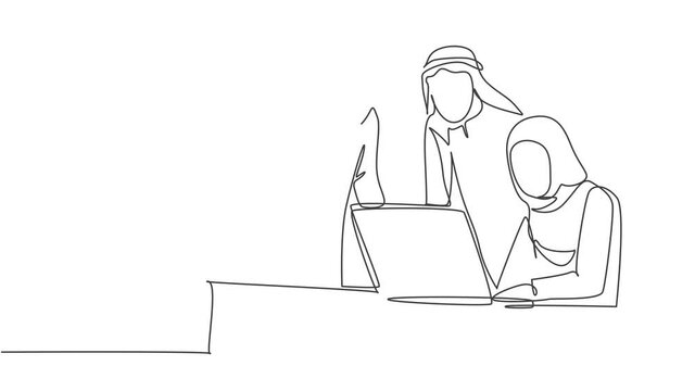 One single line drawing of young happy muslim workers discussing sales marketing strategy. Saudi Arabia cloth shmag, kandora, headscarf, thobe, ghutra. Continuous line draw design vector illustration