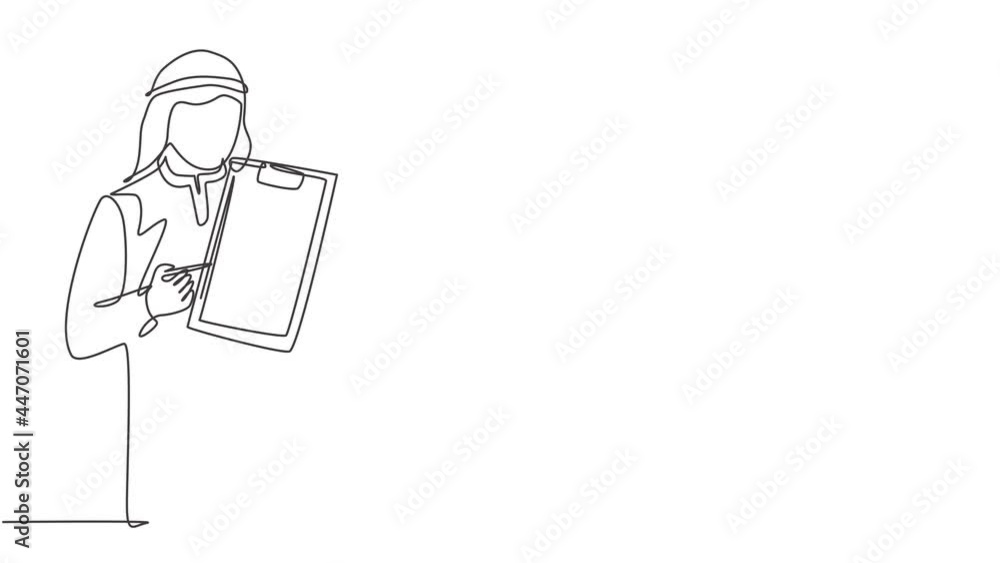 Poster animated self drawing of continuous line draw muslim sales marketer explaining all features of new g