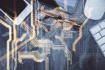 Multi exposure of technology theme drawing over table with phone. Top view. Concept of hightech.