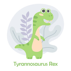 Cute green dino, Tyrannosaurus Rex with blue leaves isolated on white. Vector illustration for postcard, banner, decor, design, arts, web, calendar, advirtising.