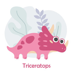 Cute pink dino, Triceratops with blue leaves isolated on white. Vector illustration for postcard, banner, decor, design, arts, web, calendar, advirtising.