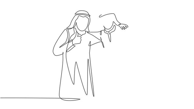 Animation of one line drawing of muslim businessman giving thumbs up gesture with colleague. Saudi Arabia cloth shmag, kandora, headscarf, thobe. Continuous line self draw animated. Full length motion