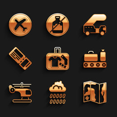 Set Suitcase, Cloud with rain, World travel map, Conveyor belt suitcase, Helicopter, Airline ticket, Passenger ladder and Plane icon. Vector